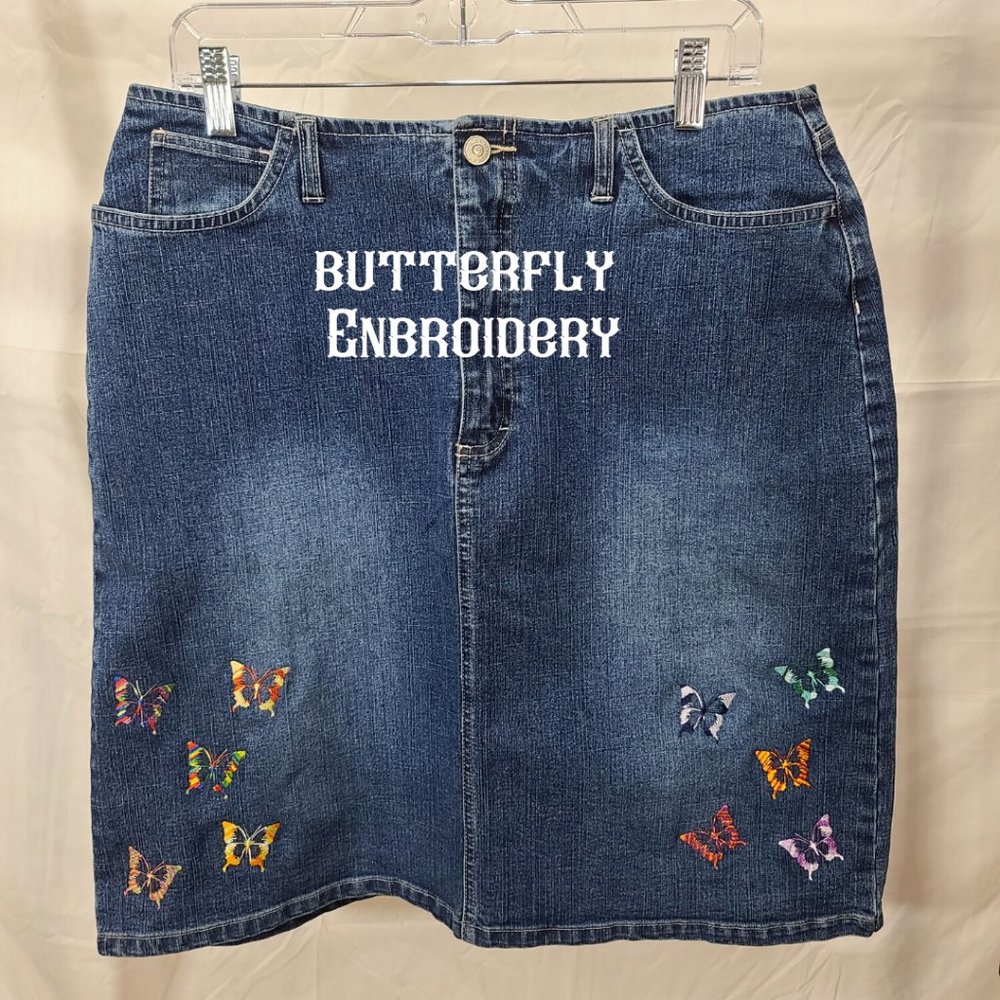 Butterfly Embroidered Denim Skirt